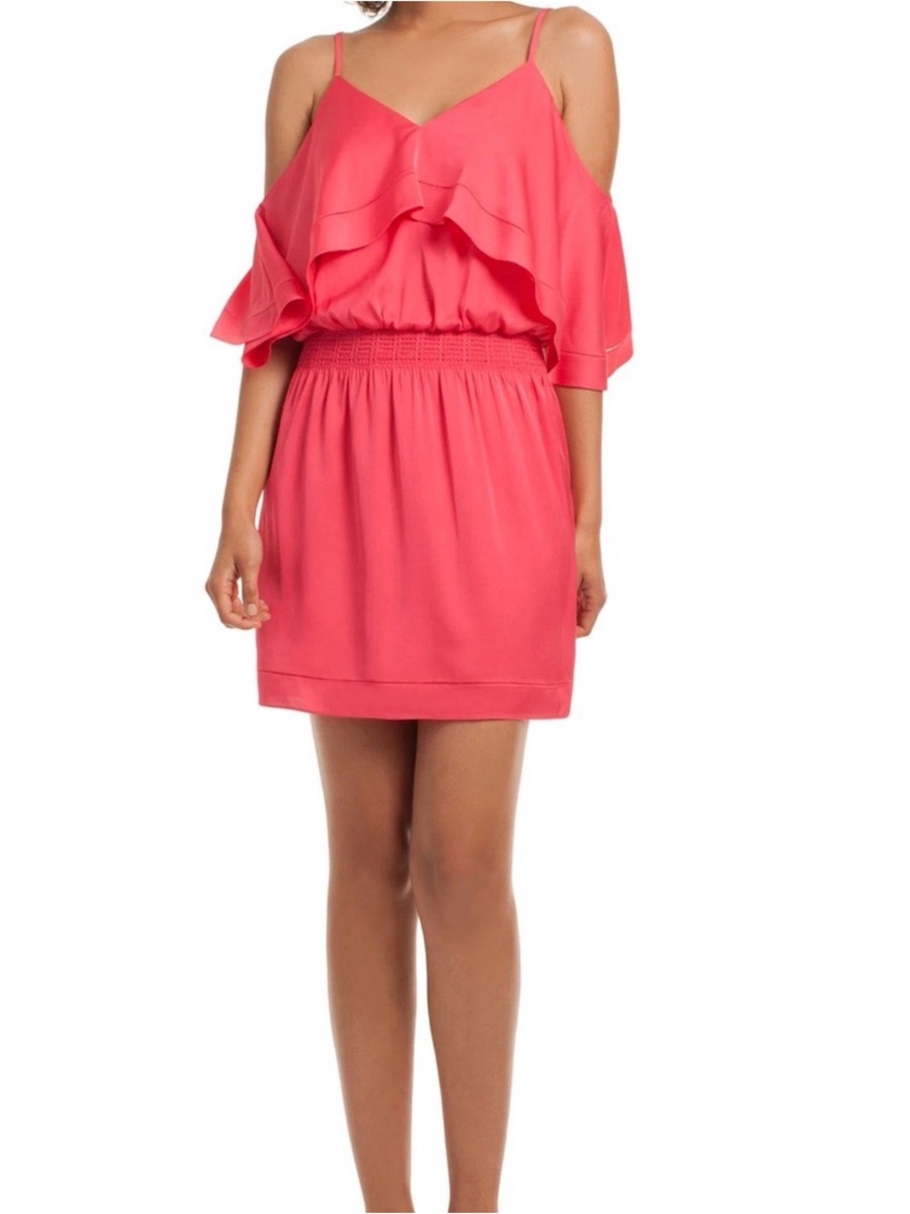 NEW Trina Turk Silk T Shoulder Ruffle Mini Designer lLuxury Dress Coral Pink L